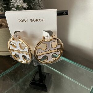Tory Burch Gold & White Logo Disc Hoop Earrings New